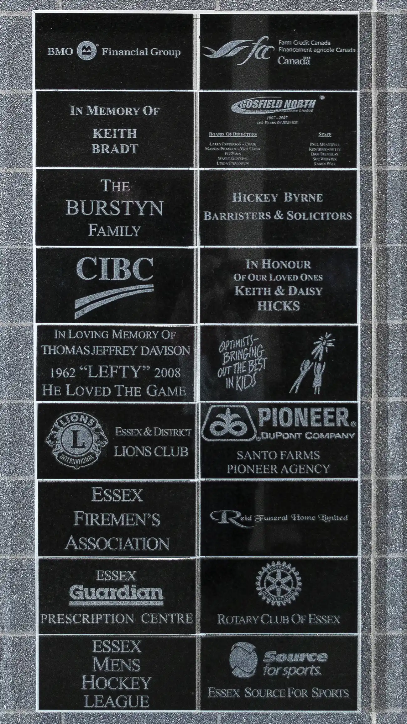 Essex Arena donor recognition board detail