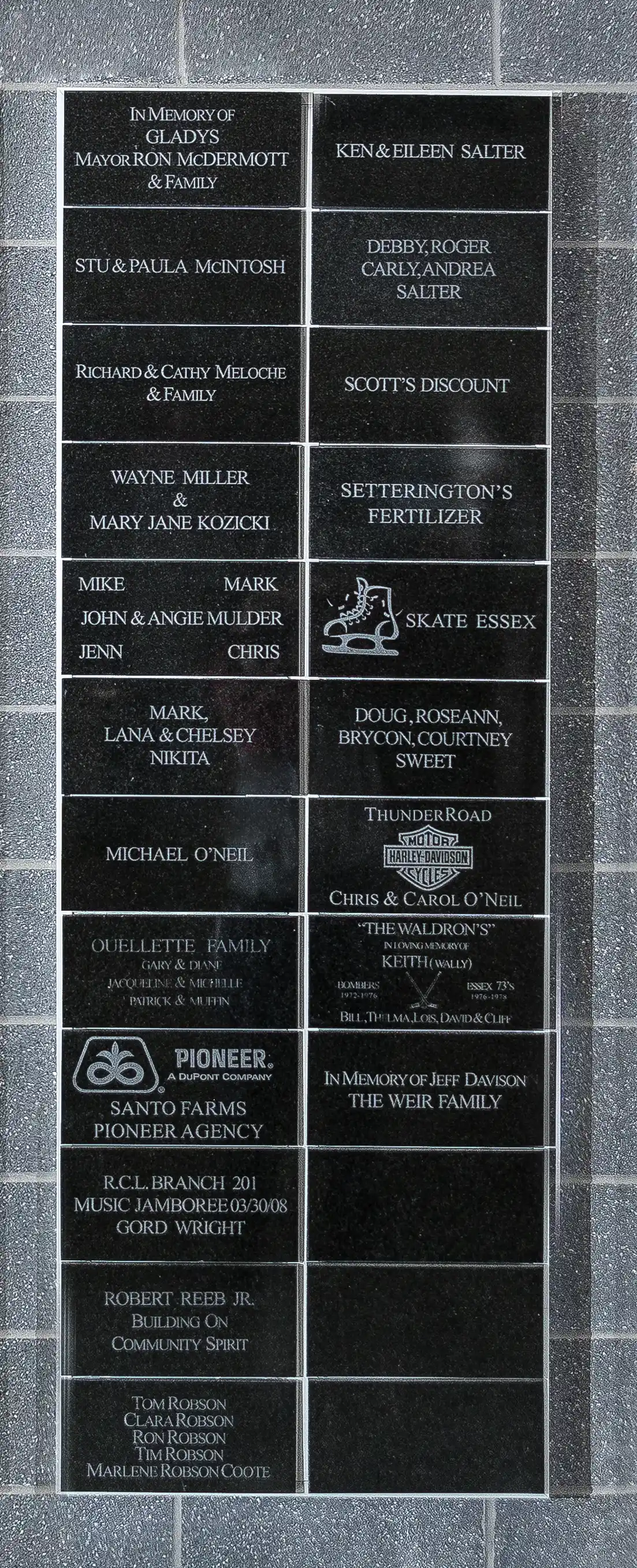 Sponsor plaques at Essex Centre Sports Complex