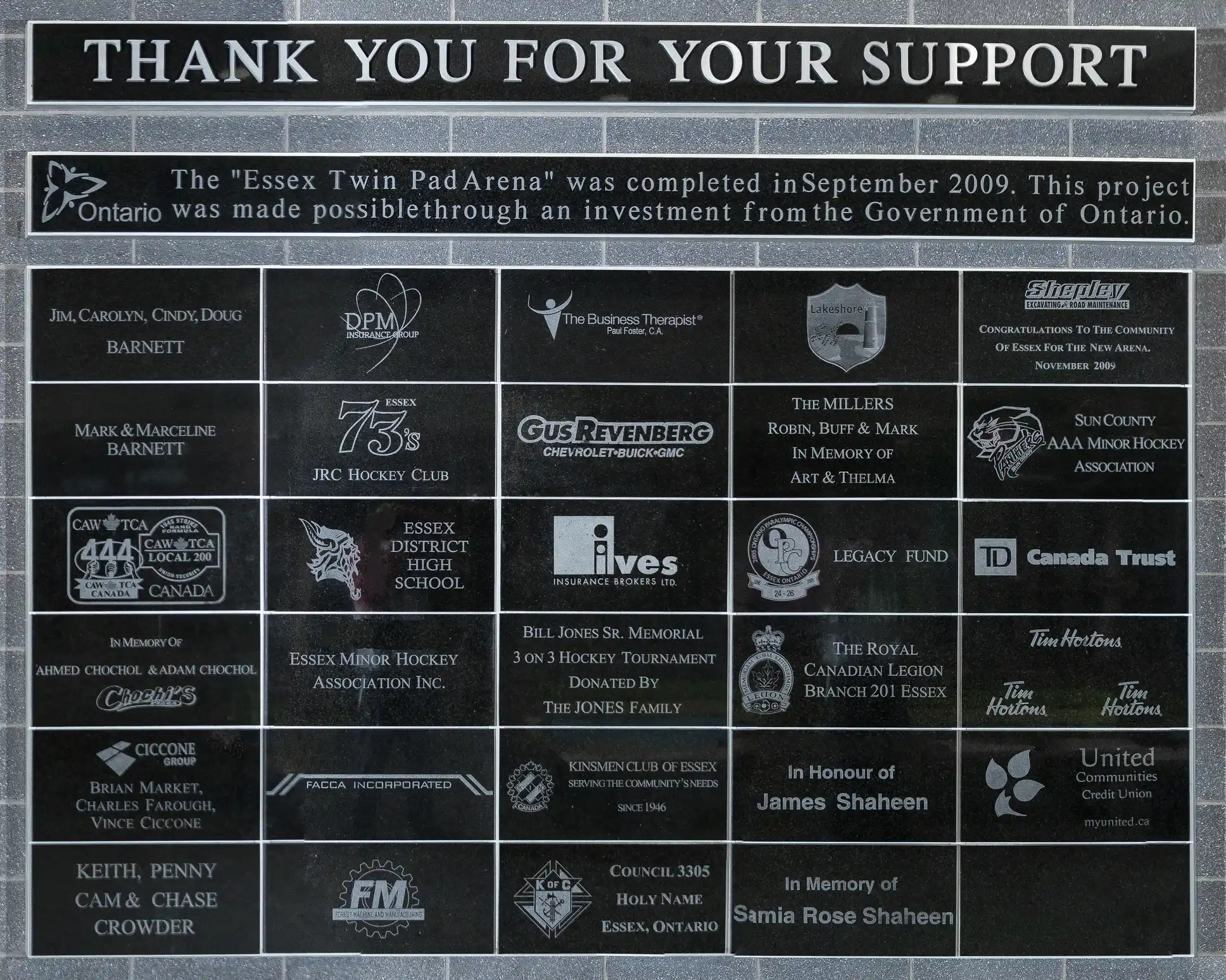 Supporting Our Community - Essex Centre Sports Complex Donor Recognition